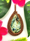 Stunning Labradorite Pendant with floral carving in intricate copper wire wrap - gemstone/crystal jewelry | Wedding/Anniversary/Birthday gift