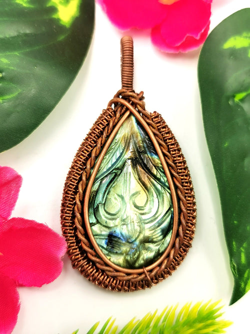 Stunning Labradorite Pendant with floral carving in intricate copper wire wrap - gemstone/crystal jewelry | Wedding/Anniversary/Birthday gift
