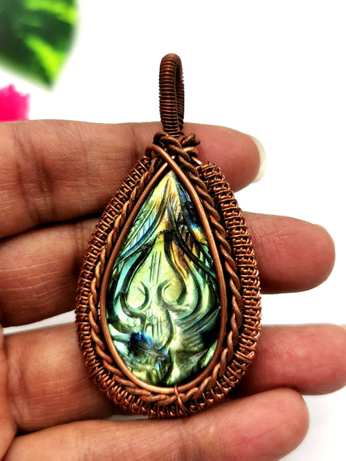 Stunning Labradorite Pendant with floral carving in intricate copper wire wrap - gemstone/crystal jewelry | Wedding/Anniversary/Birthday gift