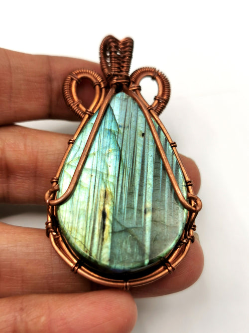 Beautiful Labradorite Pendant with peacock carving in intricate copper wire wrap -gemstone/crystal jewelry|Wedding/Anniversary/Birthday gift