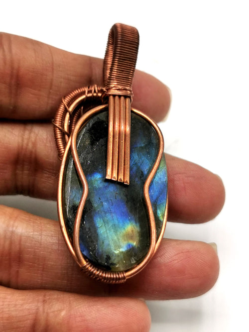 Unique Labradorite Pendant with floral carving in intricate copper wire wrap - gemstone/crystal jewelry | Wedding/Anniversary/Birthday gift