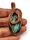 Unique Labradorite Pendant with floral carving in intricate copper wire wrap - gemstone/crystal jewelry | Wedding/Anniversary/Birthday gift