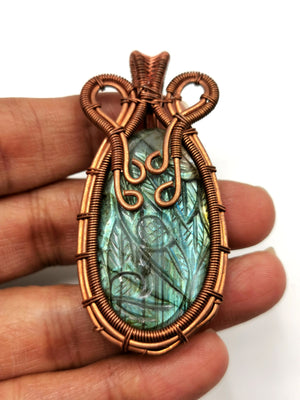 Floral pendant in labradorite gemstone wrapped in intricate copper wire wrap | Wedding/Anniversary/Birthday gift