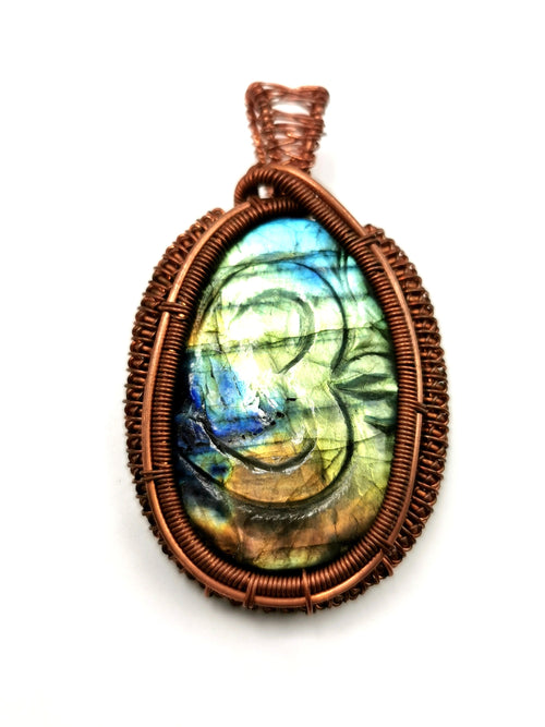 Unique Labradorite Pendant with Om carving in intricate copper wire wrap - gemstone/crystal jewelry | Wedding/Anniversary/Birthday gift