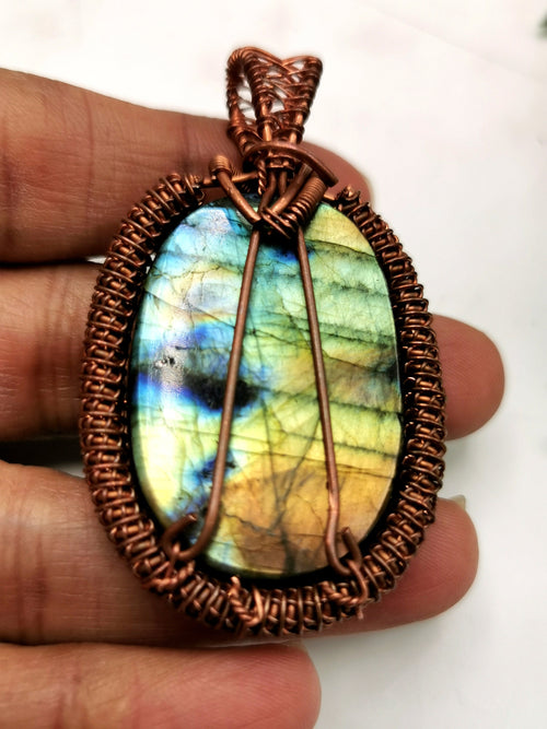 Unique Labradorite Pendant with Om carving in intricate copper wire wrap - gemstone/crystal jewelry | Wedding/Anniversary/Birthday gift