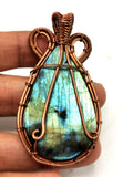 Awesome Labradorite stone pendant with floral carving in intricate copper wire wrap - gemstone/crystal jewelry | Wedding/Anniversary/Birthday gift