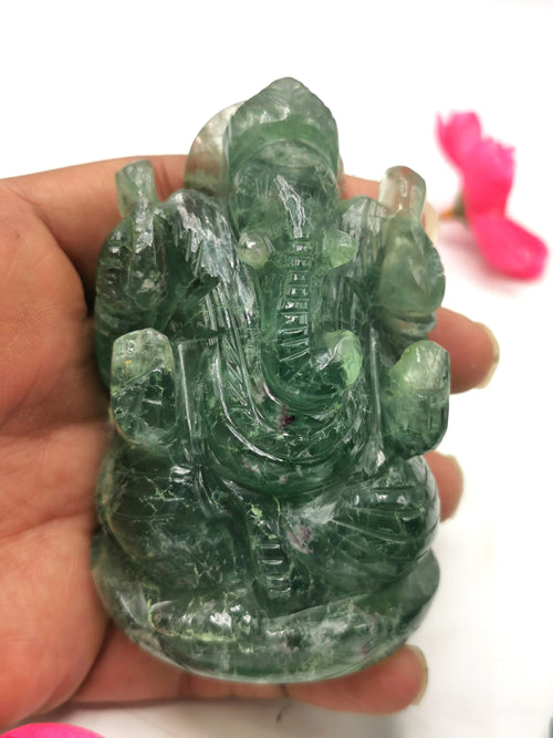 Fluorite Green - Handmade Carving of Ganesh - Lord Ganesha Idol/Sculpture in Crystals and Gemstones -Reiki/Chakra/Healing - 3.5 in and 0.35 kg