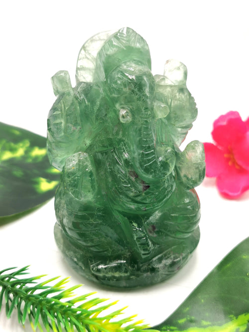 Fluorite Green - Handmade Carving of Ganesh - Lord Ganesha Idol/Sculpture in Crystals and Gemstones -Reiki/Chakra/Healing - 3.5 in and 0.35 kg