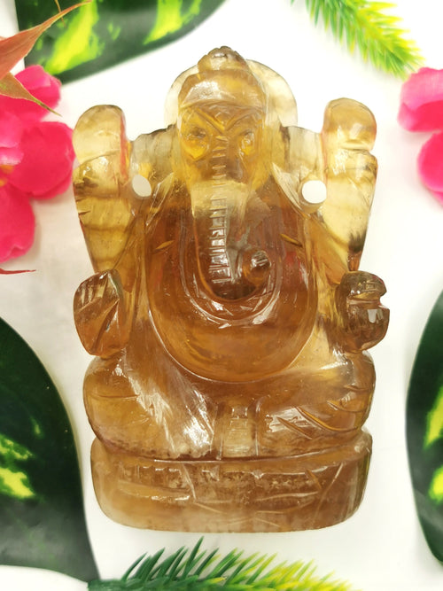 Carving of Lord Ganesh in Yellow Fluorite - Reiki/Chakra/Healing - 3.5 in and 390 gm