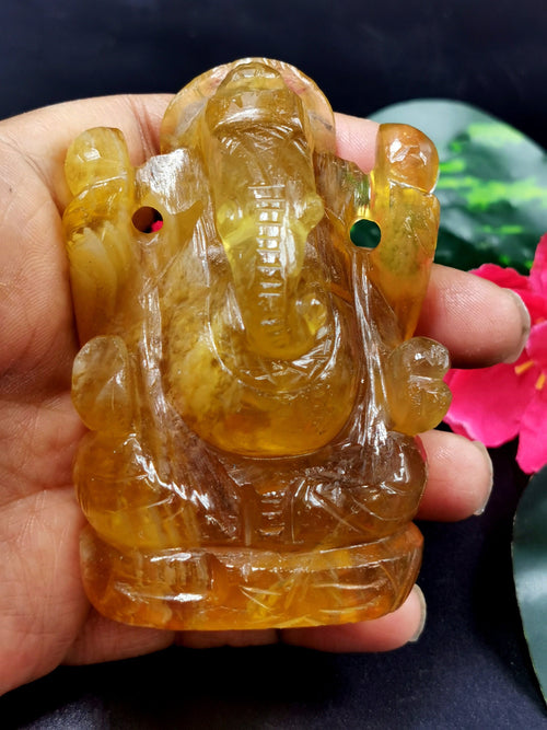 Ganesh in Yellow Fluorite Handmade - 3 in and 270 gm
