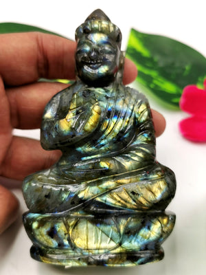 Labradorite handmade Buddha - carving of serene and meditating Lord Buddha - crystal/reiki/healing - 4 inches and 200 gms (0.44 lb)