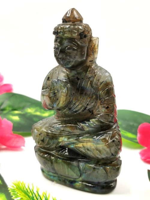 Labradorite handmade Buddha - carving of serene and meditating Lord Buddha - crystal/reiki/healing - 4 inches and 200 gms (0.44 lb)