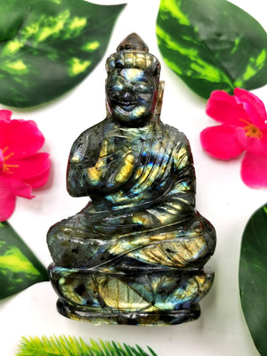 Labradorite handmade Buddha - carving of serene and meditating Lord Buddha - crystal/reiki/healing - 4 inches and 200 gms (0.44 lb)