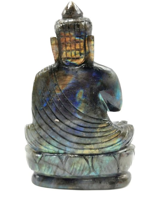Labradorite Buddha - handmade carving of serene and meditating Lord Buddha - crystal/reiki/healing - 5.5 inches and 450 gms (0.99 lb)