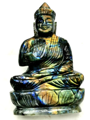 Labradorite Buddha - handmade carving of serene and meditating Lord Buddha - crystal/reiki/healing - 5.5 inches and 450 gms (0.99 lb)