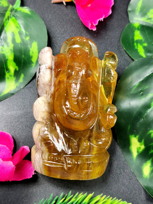Yellow Fluorite Handmade Carving of Ganesh - Lord Ganesha Idol/Murti in Crystals and Gemstones -Reiki/Chakra/Healing - 2.5 in and 175 gm