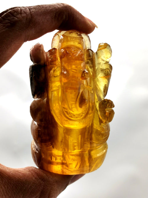 Yellow Fluorite Handmade Carving of Ganesh - Lord Ganesha Idol/Murti in Crystals and Gemstones -Reiki/Chakra/Healing - 2.5 in and 175 gm