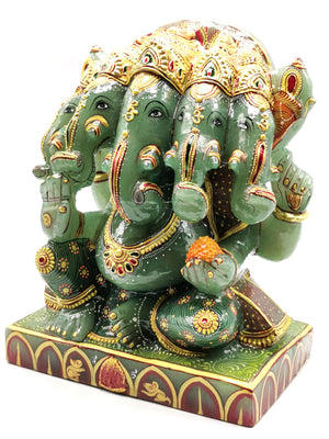 Panchamukhi Ganesh statiue in Green Aventurine stone with handpainting- Lord Ganesha Idol- Reiki/Chakra/Healing - 10 in and 9 kg (19.8 lb)