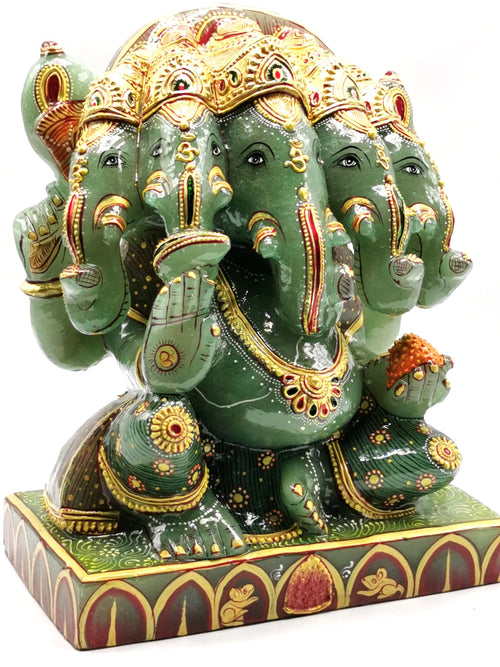 Panchamukhi Ganesh statiue in Green Aventurine stone with handpainting- Lord Ganesha Idol- Reiki/Chakra/Healing - 10 in and 9 kg (19.8 lb)