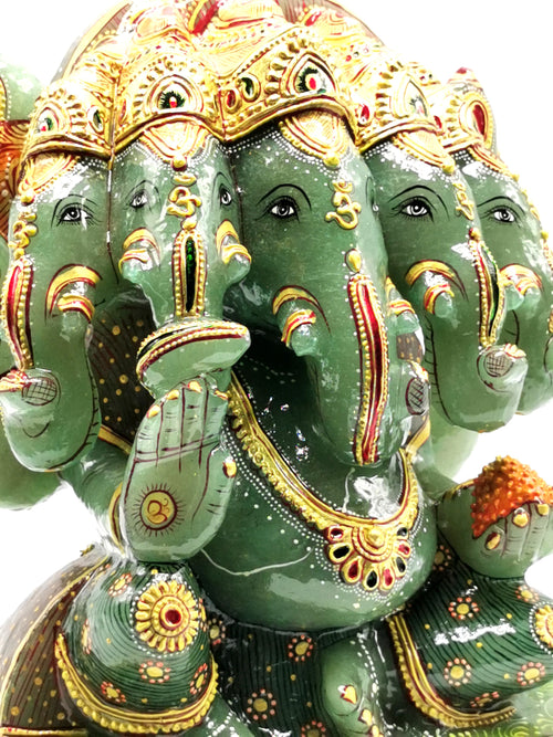 Panchamukhi Ganesh statiue in Green Aventurine stone with handpainting- Lord Ganesha Idol- Reiki/Chakra/Healing - 10 in and 9 kg (19.8 lb)