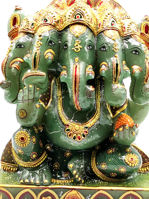 Panchamukhi Ganesh statiue in Green Aventurine stone with handpainting- Lord Ganesha Idol- Reiki/Chakra/Healing - 10 in and 9 kg (19.8 lb)