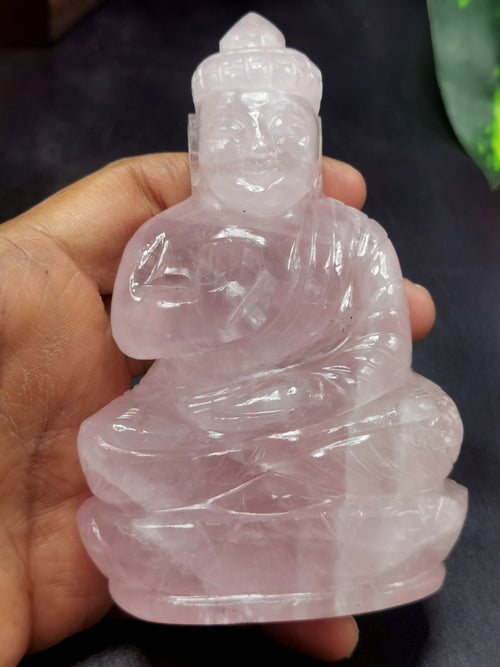 Gemstone Rose Quartz Buddha - handmade carving of serene and meditating Lord Buddha - crystal/reiki/healing - 4.5 inch and 0.30 kg - ONE STATUE ONLY