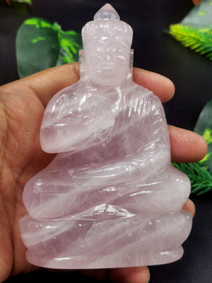 Gemstone Rose Quartz Buddha - handmade carving of serene and meditating Lord Buddha - crystal/reiki/healing - 4.5 inch and 0.30 kg - ONE STATUE ONLY