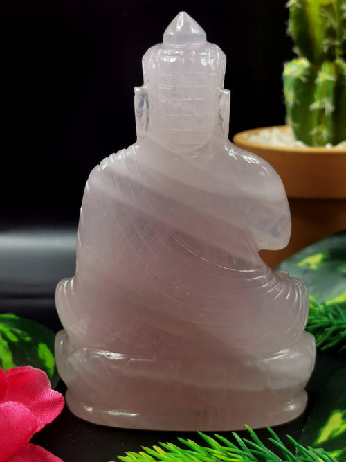 Gemstone Rose Quartz Buddha - handmade carving of serene and meditating Lord Buddha - crystal/reiki/healing - 4.5 inch and 0.30 kg - ONE STATUE ONLY