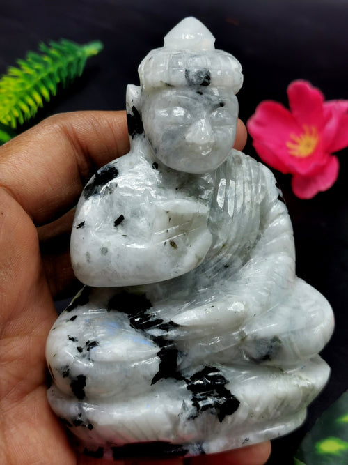 Gemstone Moonstone Buddha - handmade carving of serene and meditating Lord Buddha - crystal/reiki/healing - 4 inches and 295 gms (0.65 lb)