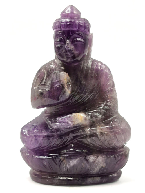 Amethyst gemstone Buddha - handmade carving of serene and meditating Lord Buddha - crystal/reiki/healing - 4.5 inches and 310 gms (0.68 lb)