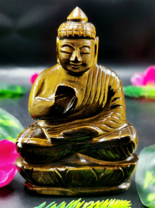 Tiger Eye gemstone Buddha - handmade carving of serene and meditating Lord Buddha - crystal/reiki/healing - 4 inches and 237 gms (0.5 lb)