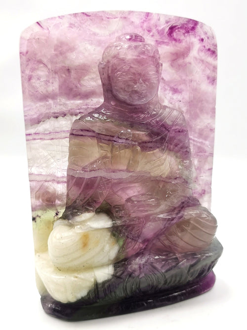 Multicolor Fluorite Buddha with back arch - handmade carving of serene and meditating Lord Buddha - crystal/reiki - 6.3 in and 0.98 kg
