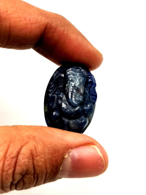 Ganesh carving in miniature style pendant in blue sapphire stone - gemstone/crystal jewelry | Reiki/Chakra/Healing with crystals - ONE PIECE ONLY