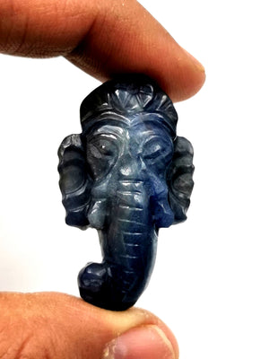 Miniature Ganesh carving pendant in blue sapphire stone - gemstone/crystal jewelry | Reiki/Chakra/Healing with crystals - ONE PIECE ONLY