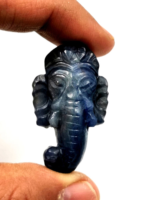Miniature Ganesh carving pendant in blue sapphire stone - gemstone/crystal jewelry | Reiki/Chakra/Healing with crystals - ONE PIECE ONLY