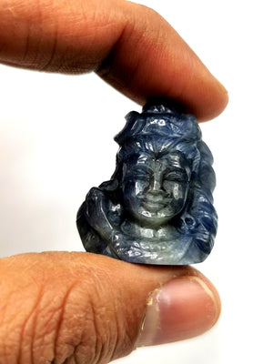 Miniature Shiva Head carving in Blue Sapphire - Lord Shivshankar in crystals and gemstones |Reiki/Chakra/Healing - 1 in and 77 carats