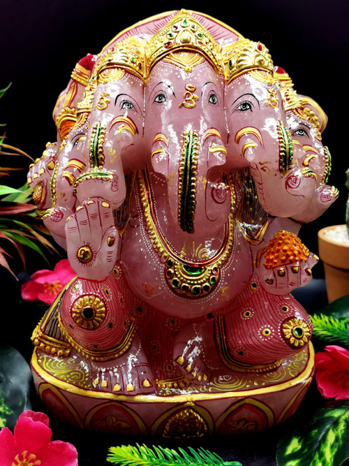 Rose Quartz Handmade handpainted carving of Panchmukhi Ganesh - Lord Ganesha Idol | Sculpture - Reiki/Chakra/Healing - 8.5 in and 6.3 kg