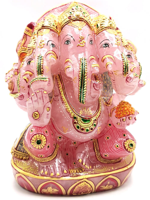 Rose Quartz Handmade handpainted carving of Panchmukhi Ganesh - Lord Ganesha Idol | Sculpture - Reiki/Chakra/Healing - 8.5 in and 6.3 kg