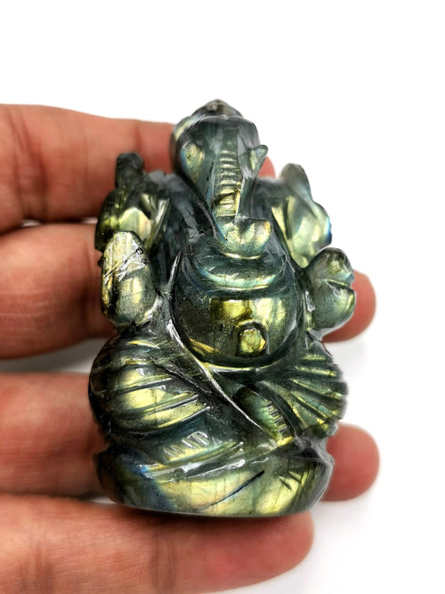 Labradorite gemstone Ganesh with beautiful flash - Lord Ganesha Idol | Figurine in Crystals and Gemstones - 2 inches and 110 gm