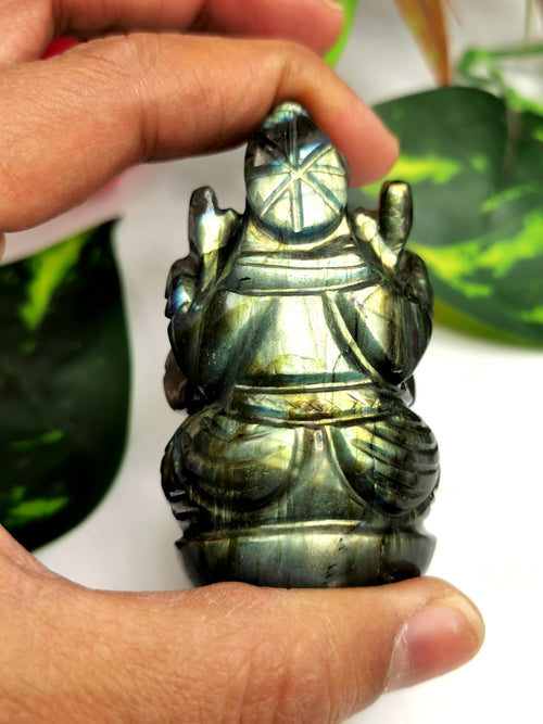 Labradorite gemstone Ganesh with beautiful flash - Lord Ganesha Idol | Figurine in Crystals and Gemstones - 2 inches and 110 gm