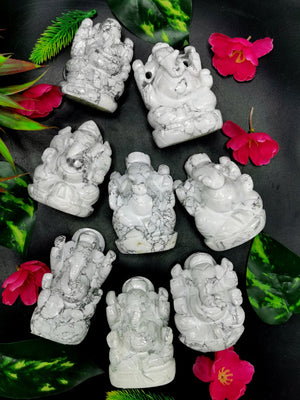 Howlite Ganesha Handmade Carving - Lord Ganesha Idol | Sculpture | Murti in Crystals -Reiki/Chakra - 2.5 in and 210 gms - ONE STATUE ONLY