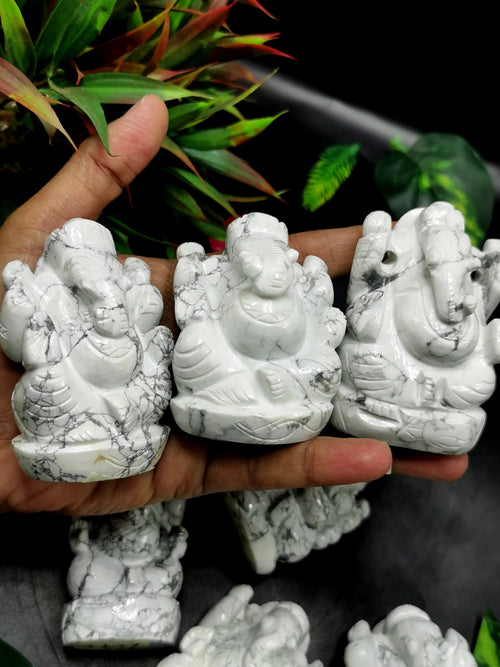 Howlite Ganesha Handmade Carving - Lord Ganesha Idol | Sculpture | Murti in Crystals -Reiki/Chakra - 2.5 in and 210 gms - ONE STATUE ONLY