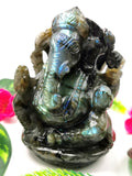Labradorite Ganesha Handmade Carving with blue flash - Lord Ganesha Idol | Figurine in Crystals and Gemstones - 4.5 inches and 720 gms