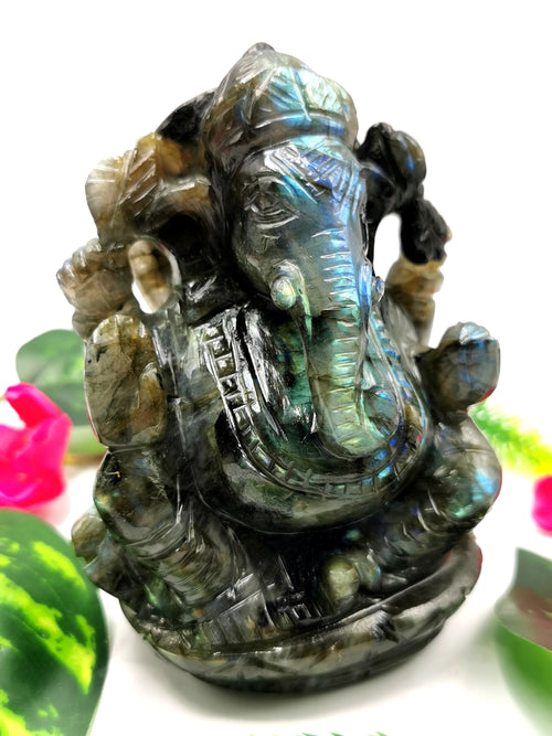 Labradorite Ganesha Handmade Carving with blue flash - Lord Ganesha Idol | Figurine in Crystals and Gemstones - 4.5 inches and 720 gms
