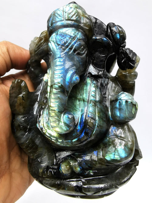 Labradorite Ganesha Handmade Carving with blue flash - Lord Ganesha Idol | Figurine in Crystals and Gemstones - 4.5 inches and 720 gms