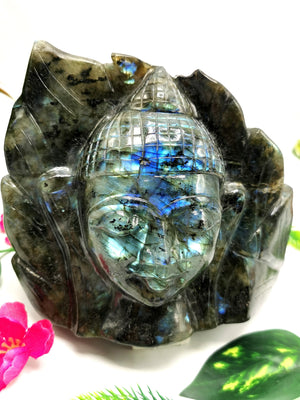 Labradorite Buddha Head on leaf - handmade carving of serene and meditating Lord Buddha - crystal/reiki/chakra - 7 inches and 2.82 kg