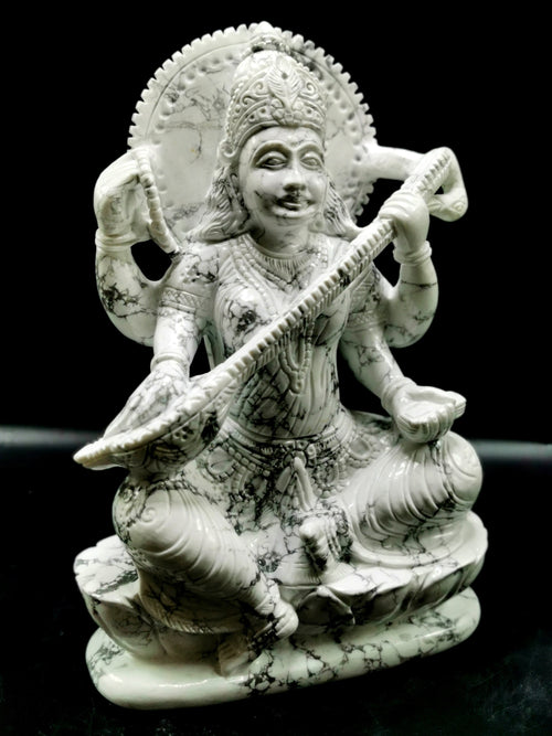 Large and majestic Saraswati carving in howlite - Goddess of Learning idol/statue in gemstones and crystals - 8.5 in and 2.67 kg (5.87 lb)
