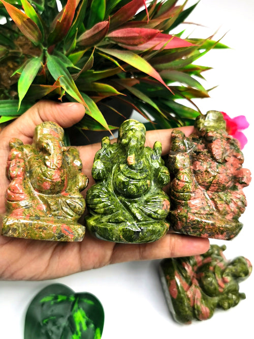 Unakite Handmade Carving of Ganesh - Lord Ganesha Idol/Murti in Crystals and Gemstones - Reiki/Chakra/Healing - 3 inches and 220 gms | ONE STATUE ONLY