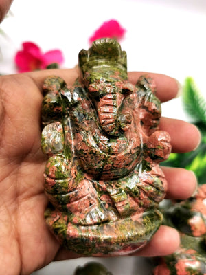 Unakite Handmade Carving of Ganesh - Lord Ganesha Idol/Murti in Crystals and Gemstones - Reiki/Chakra/Healing - 3 inches and 220 gms