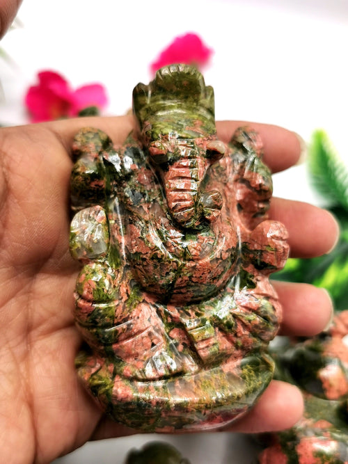Unakite Handmade Carving of Ganesh - Lord Ganesha Idol/Murti in Crystals and Gemstones - Reiki/Chakra/Healing - 3 inches and 220 gms | ONE STATUE ONLY
